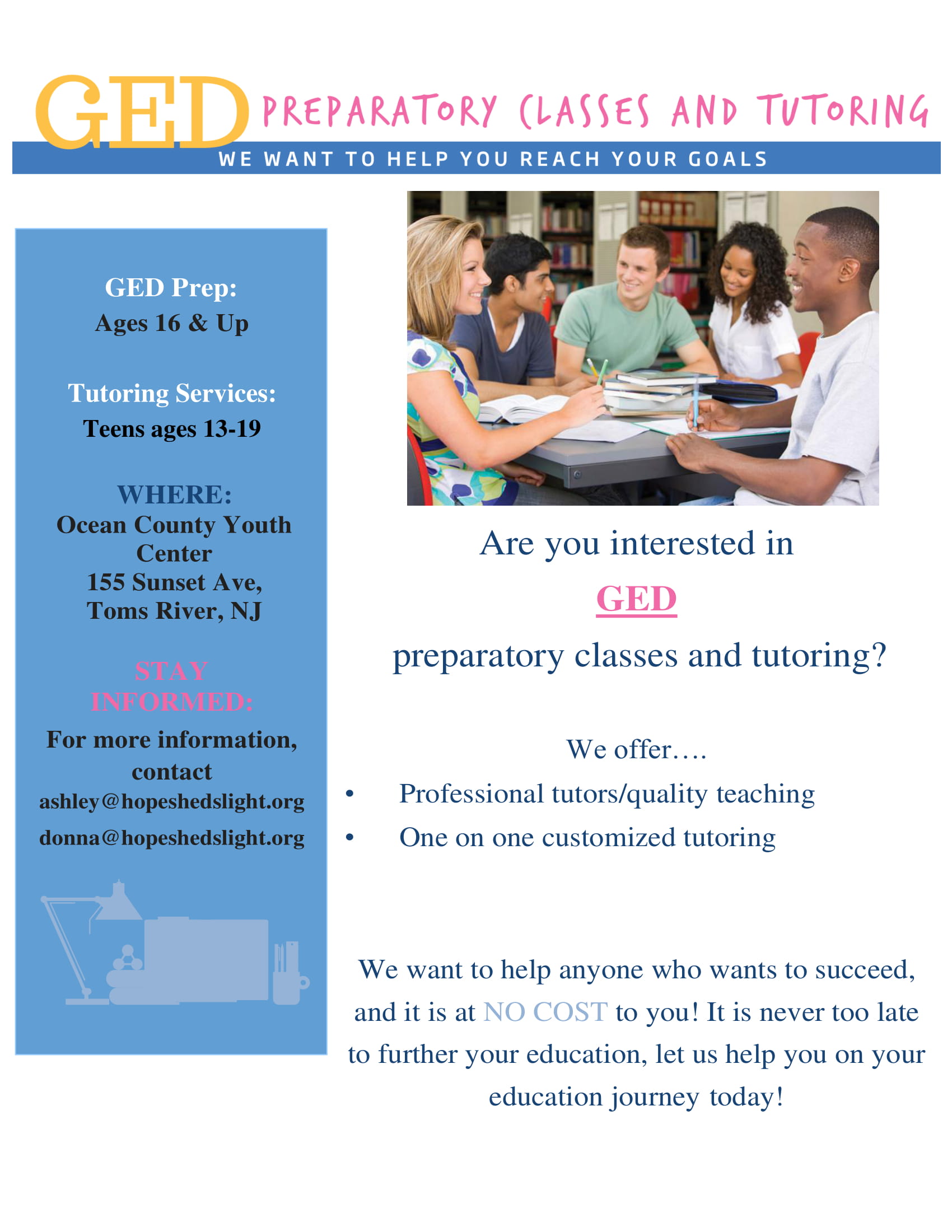 GED Preparatory Classes and Tutoring HOPE Sheds Light